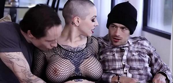  Inked bald MILF Harlow Harrison got a sizzling 3some session with Owen Gray and XanderCorvus.She gets her pussy and ass streched to the limits.